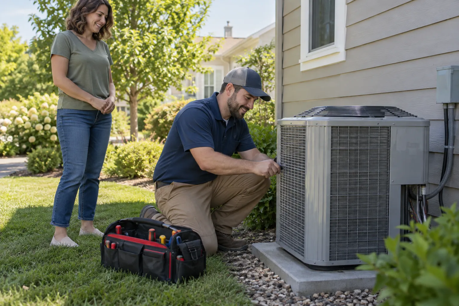 A local HVAC provider checking an air conditioner outside a home in Huntley